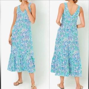 Lilly Pulitzer NEW Madsen V-Neck Midi Dress In Cumulus Blue Chick Magnet Sz.XL